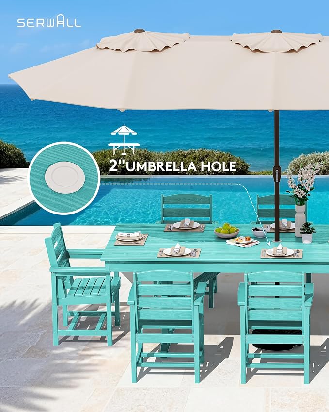 SERWALL 9 Piece 84" HDPE Outdoor Dining Set for 8 with Armchairs, Aruba | All Weather HDPE Material and Pre-drilled Umbrella Hole