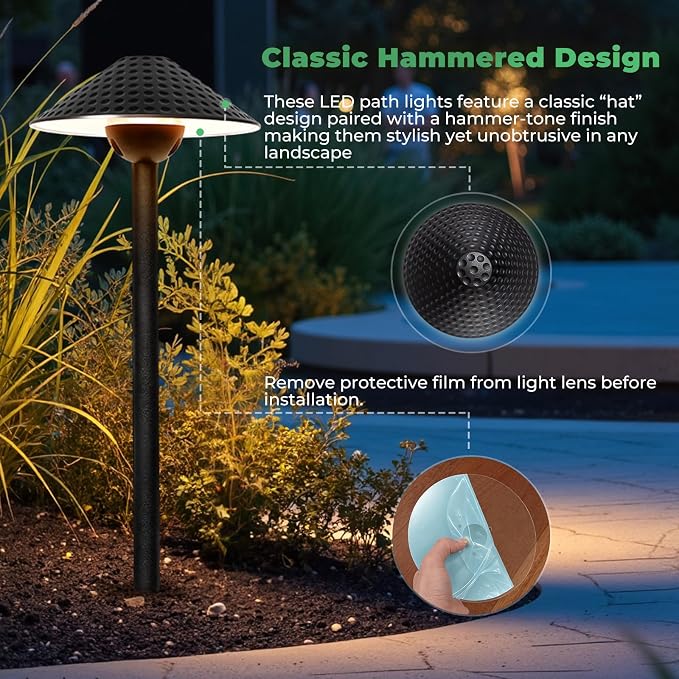 Low Voltage Pathway Lights (6.69'' Shade, 21.54'' Tall) 12V Outdoor LED Landscape Pathway Lighting Aluminum Vintage Hammered Path Lights with 4W 2700K Replaceable Bulb, 4 Pack
