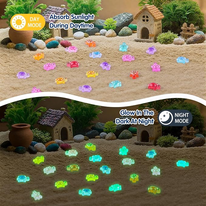 200 Pcs Mini Resin Turtle with 1 Pc Jumbo Resin Pink Turtles, Luminous Miniature Tiny Turtles Glow in The Dark for Fairy Garden Dollhouse Micro Landscaping