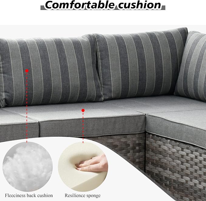 HOOOWOOO Outdoor Patio Sectional Furniture Sofa Set with Fire Pit Table,10 Piece Modern Wicker Couch with Swivel Chairs,Modular Conversation Seating Set with Widened Armrest for Garden(Grey Strips)