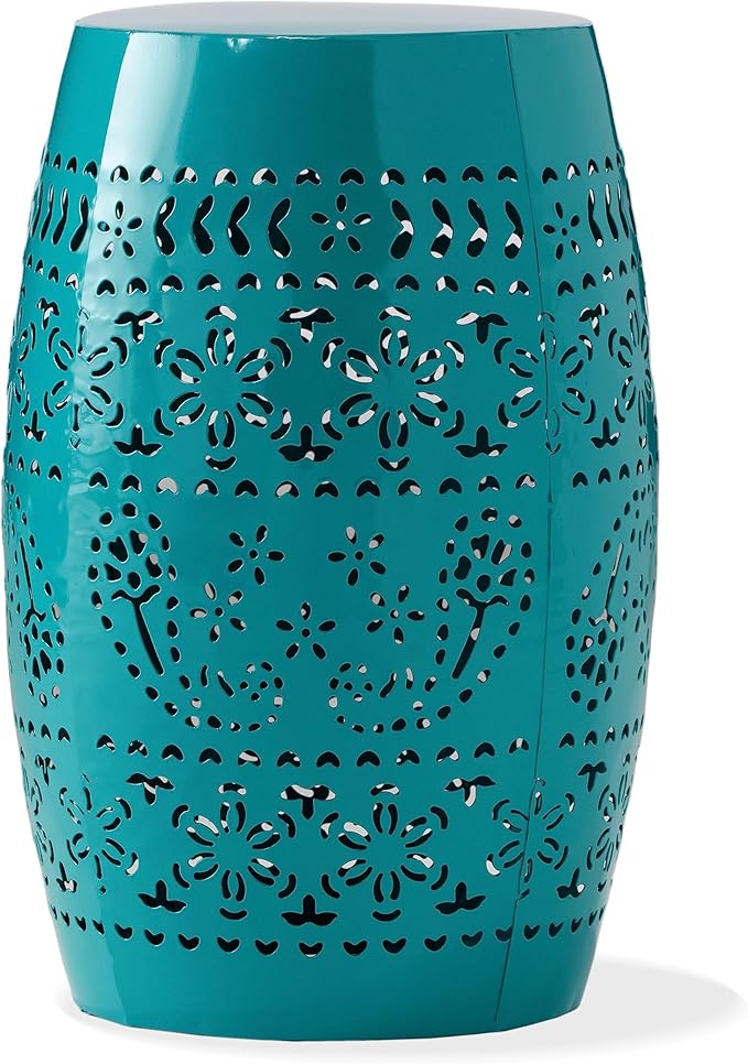 12" Outdoor Side Table, Metal Round Side Table, Multi Functional Decorative Cutout, Coffee Table, Night Stand, Plant Stand for Patio, Garden, Backyard, Gazebo Indoor (Teal)