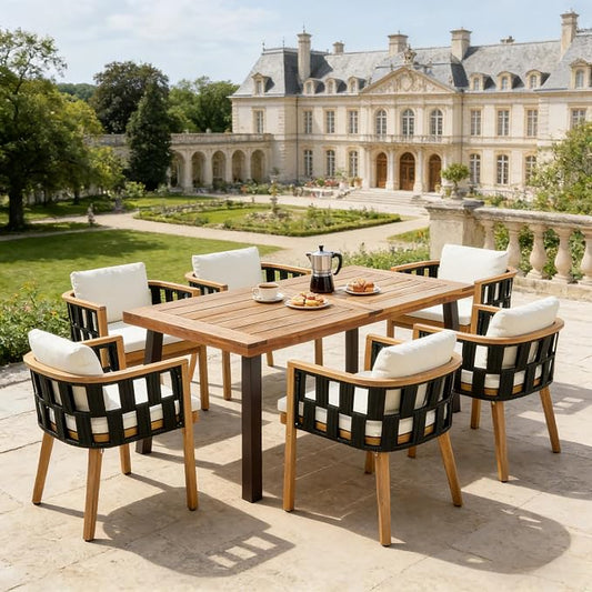 Acacia Wood Dining Set - Teak Finish Table + 6 Chairs with Cream Cushions, Rustic Metal Legs, for Outdoor Patio, Garden, Poolside, Indoor Use - Set of 7, Modern Coastal Style (Style4)