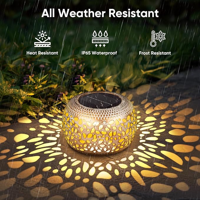Solar Lanterns Outdoor Waterproof: 2 Pack White Gold Metal Patio Lights | 2 Lighting Colors, Unique Flower Pattern Projection, Vintage Patio Garden Tabletop Decorations, Gifts for Mom & Garden Lovers
