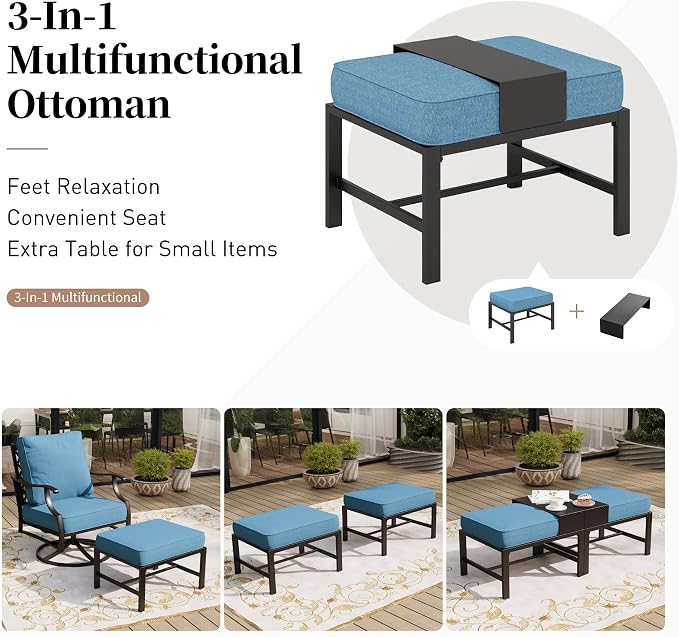 SUNSHINE VALLEY 6 Piece Metal Outdoor Patio Furniture Set, Patio Conversation Sets 1 3-seater Sofa, 2 Swivel Chair, 2 Ottomans with 5.75" Thick Cushion and Coffee Table, Black Backyard Furniture, Navy