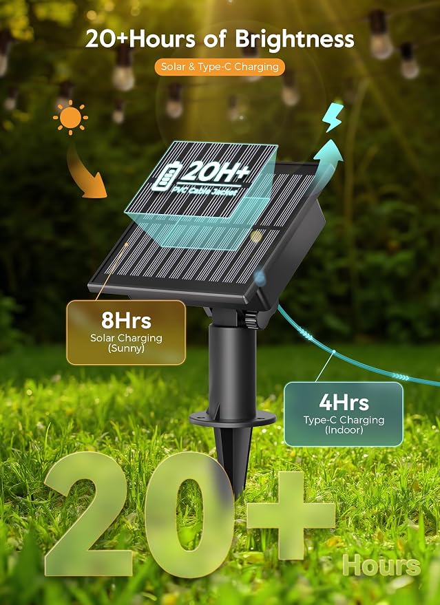 Minetom 34FT Solar String Lights Outdoor Waterproof, S14 Patio Lights | 9 LED Shatterproof Bulb, Remote Type-C Port Timable, 3 Light Modes Dimmable Solar String Lights for Outside, Yard, Camping
