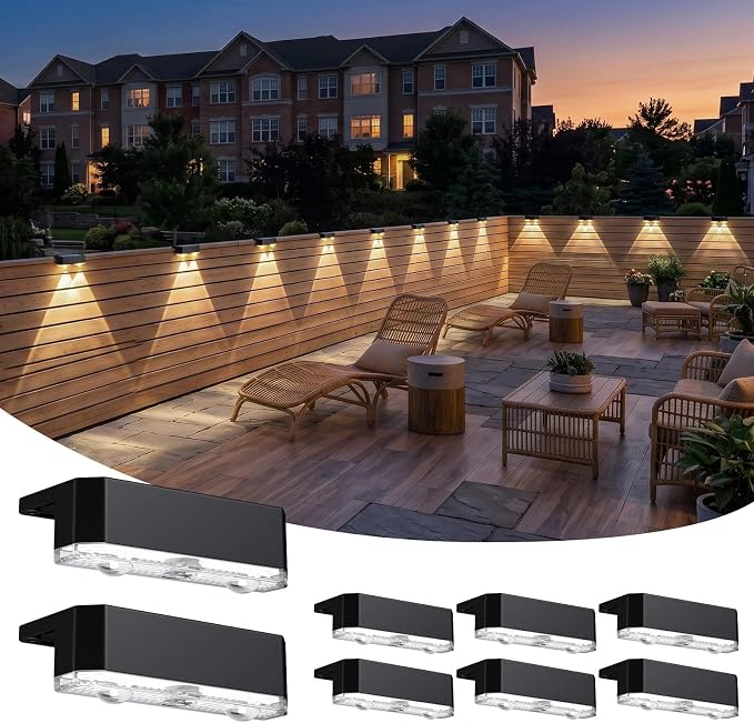 8 Pack Solar Fence Lights Outdoor, Railing Light Solar Powered, IP65 Waterproof Led Deck Solar Lights for Outside Backyard Balcony Porch, Warm White