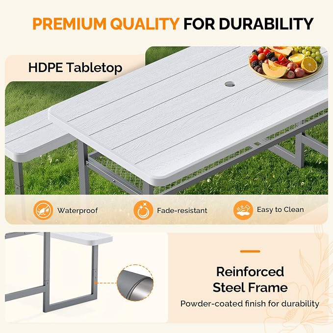 VINGLI Outdoor Picnic Table with Storage Shelf & Umbrella Hole, 4.5FT All Weather Metal Frame HDPE Tabletop Plastic Picnic Table for Dining Party Garden(White)