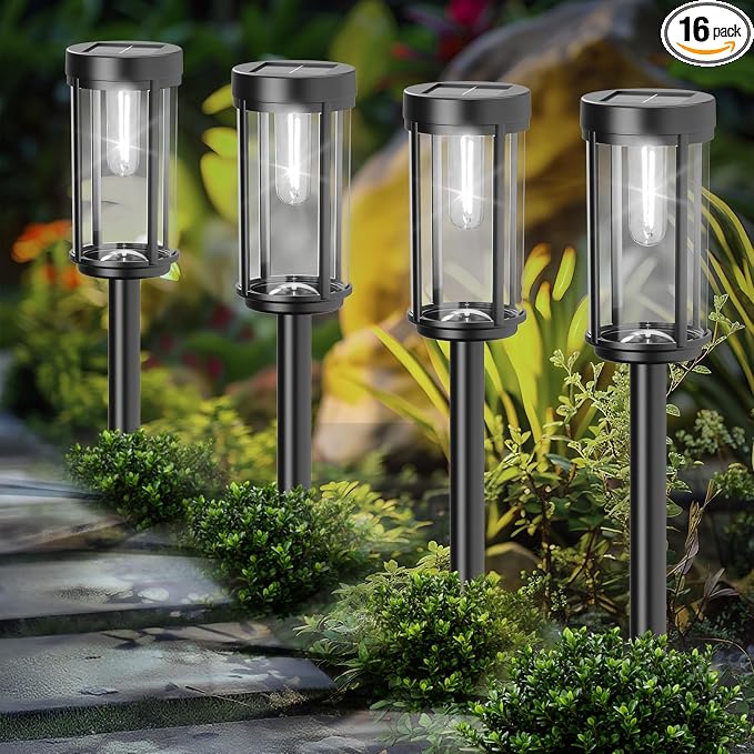 16 Pack Solar Lights Outdoor Waterproof for Garden Walkway Pathway Lawn Yard Decorative Modern Landscape Lighting. (Cool White Light, 16)