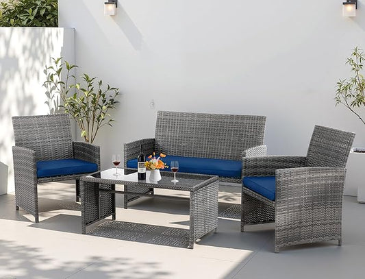 4 Piece Patio Ratten Set Outdoor Furniture Set Wicker Conversation Set with Cushions and Tempered Glass Tabletop,Deep Blue