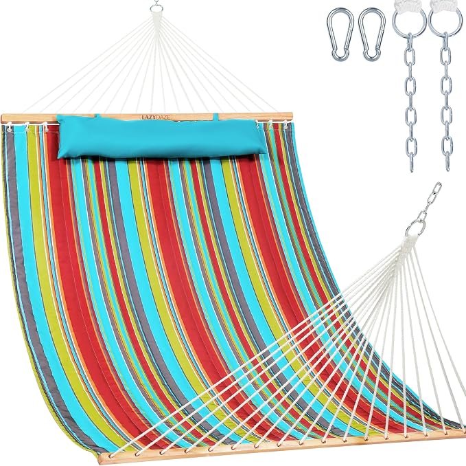 Lazy Daze Hammocks 12 FT Quilted Fabric Double Hammock with Spreader Bars and Detachable Pillow, 450lbs Weight Capacity