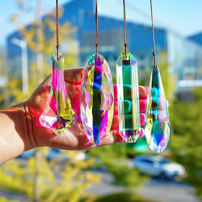 4 Pcs Crystal Prism Suncatcher Pendants Chandelier Window Garden Decor | Rainbow Chandelier Prisms Suncatcher Hanging Ornaments for Window Garden Home Office Party Decor Accent