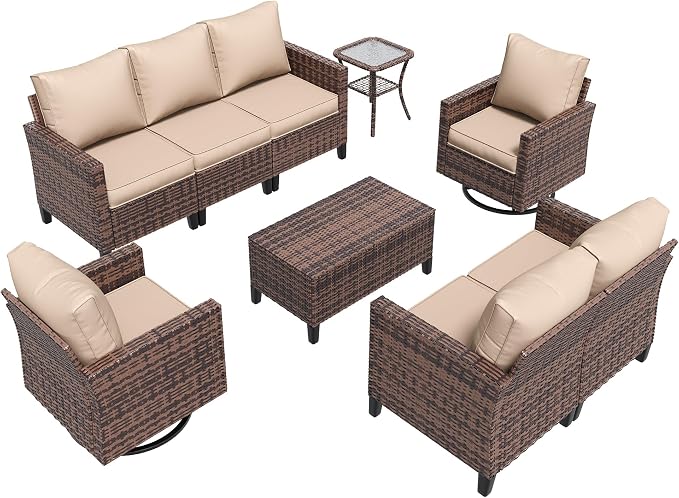 Amopatio Patio Furniture Set, Wicker Outdoor Sectional Sofa with Swivel Rocker Chairs, All-Weather Rattan Conversation Set, Storage Coffee Table, Waterproof Cover for Backyard, Deck Brown/Khak 6 PCS