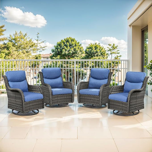 Outdoor Swivel Rocker Patio Chairs Set of 4-5" Thick Cushion 4 Piece Furniture Set All Weather Comfortable Wicker Conversation Set for Porch Poolside and Deck - Gray/Blue