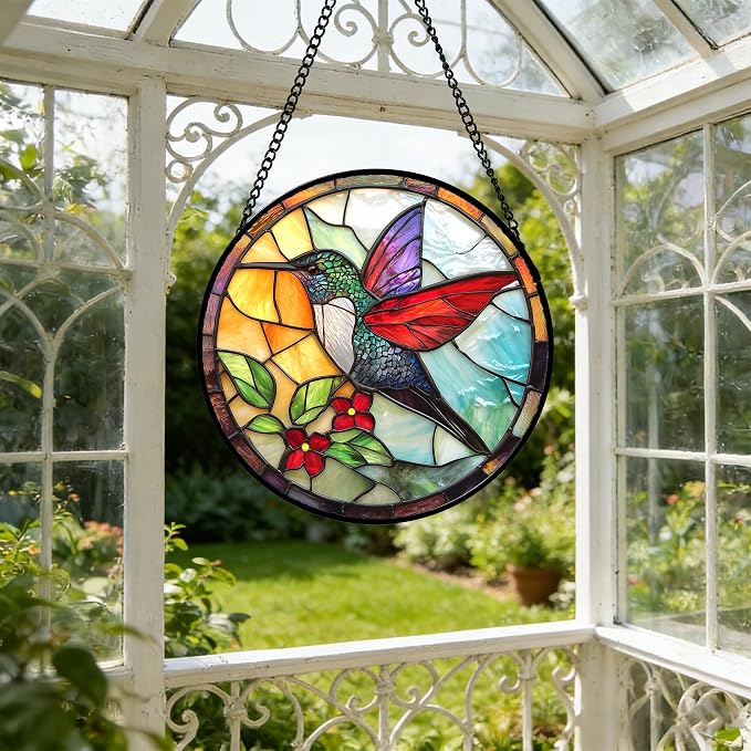 DASTOLL Stained Glass Window Hanging, Hummingbird Gifts Sun Catchers Diamond Glass Panel Hangings Birds Suncatcher Decor for Birthday for Women, Men, Wife, Aunt, and Mom 14.9x14.9 in