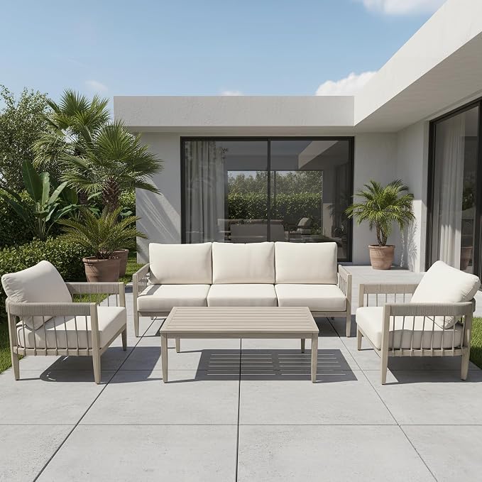 3-Seater Outdoor Sofa, Never-Rust Aluminum Patio Couch with Hand-Woven Rope Armrests & Extra Thick Cushions, Faux Wood Grain Finish Modern Outdoor Furniture Set for Balcony, Deck, Porch