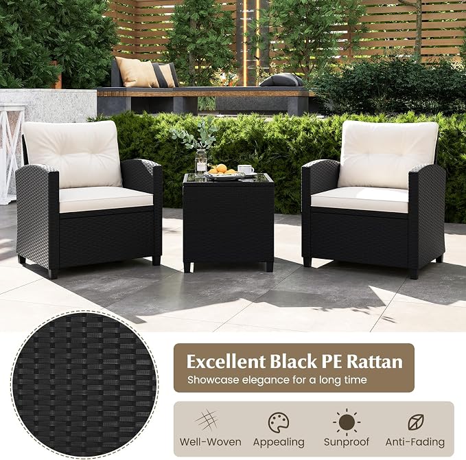 Tangkula 3 Piece Patio Furniture Set, Rattan Conversation Set w/Soft Seat & Back Cushions, Tempered Glass Topped Coffee Table, Cushioned Wicker Seating Set for Backyard, Porch, Poolside (Off White)
