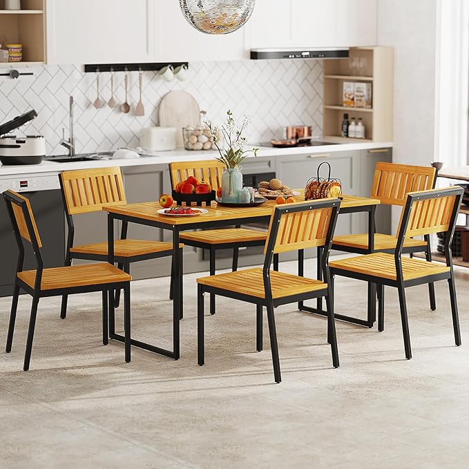Patio Dining Table, 6-Person Acacia Wood Dining Table with 2 Inches Umbrella Hole, Slatted Tabletop & Adjustable Foot Pads, Outdoor Dining Table for Garden, Poolside & Dining Room