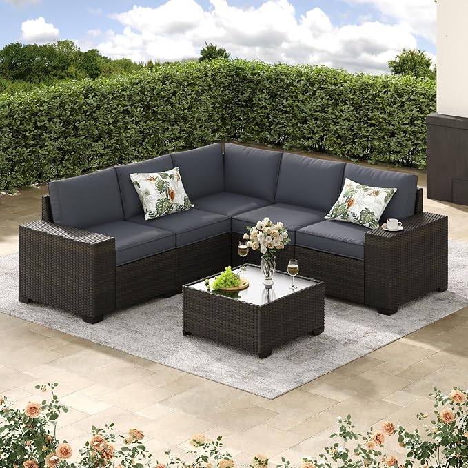 Jing's Villa 6-Piece Patio Furniture Set, All-Weather Outdoor Wicker Sectional Sofa with Cushions, Glass Table & Left and Right Armrest, Rattan Conversation Seating for Porch, Garden, Backyard,Grey