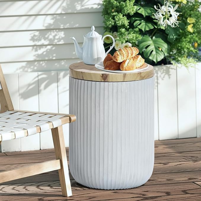 LuxenHome 18" Outdoor Side Table with Storage, Cement Patio End Table with Wood Finish Lid, Accent Table for Patio, Porch, Poolside, Backyard, Outside, Indoor, Garden Stool, Drum, Plant Stand