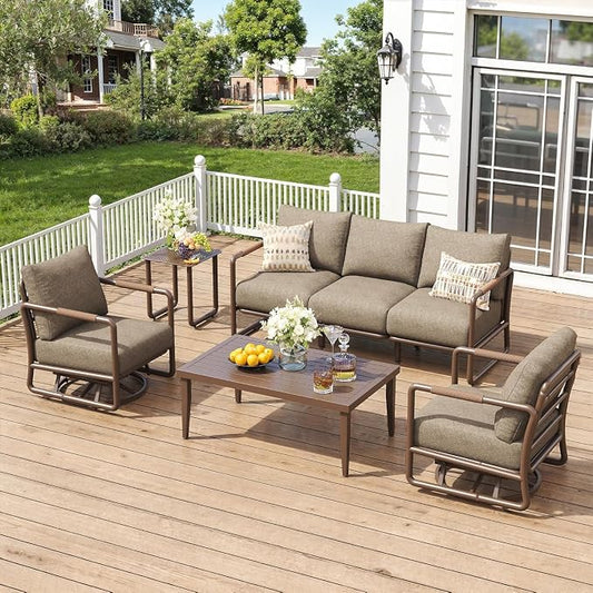 5-Piece All-Weather Aluminum Patio Conversation Set, 2 Swivel Rocking Chairs, 3-Seat Sofa & Rectangular Coffee Table for Pool, Garden, Balcony, Brown