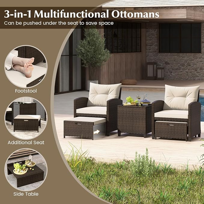 COSTWAY 5-Piece Rattan Conversation Set, Outdoor Wicker Sofa, Tempered Glass Coffee Table & Ottomans for Small Space, Boho Chic Indoor/Outdoor Furniture Set for Poolside, Backyard, Deck (White)