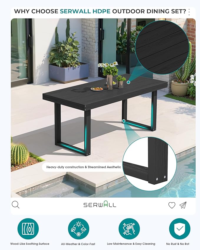 SERWALL HDPE Outdoor Dining Set for 6, 67'' Patio Table and Chairs Set | with Armless Seat