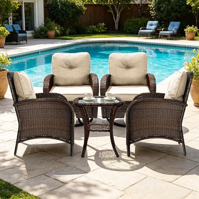 All Weather Patio Furniture Set, High Back Swivel Rocker Glider Chairs，Ottomans & Glass Tables, Outdoor Conversation Set for Deck Porch Yard Poolside (Brown, 5PCS-Swivel Chairs&Chairs&Table)