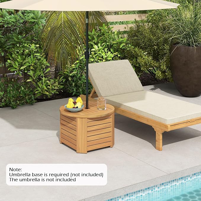 HAPPYGRILL Outdoor Side Table with Umbrella Hole, Acacia Wood End Table with Storage, Removable Base, Patio Storage Box for Backyard, Balcony, Poolside (Octagonal)