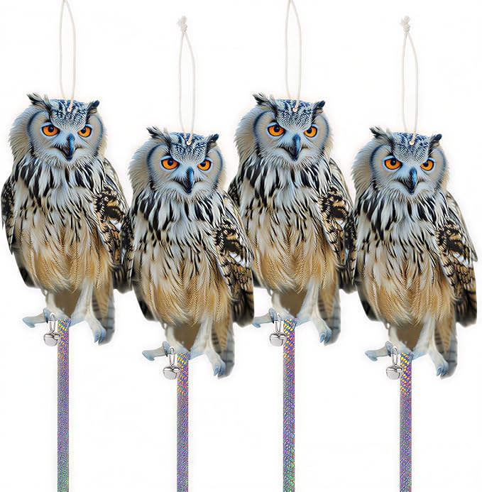 Fake Owl to Scare Pigeons Woodpecker, 4Pcs Flat Garden Owls to Keep Pigeons Squirrels Away from Outdoor, Plastic Owl to Scare Woodpecker from House, Hanging Owls with Reflective Tape for Patio Roof