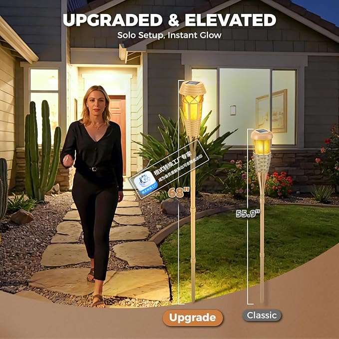 Flickering Flames Solar Powered Lights - Upgraded Solar Torches Waterproof Outdoor Decorative Lighting Auto On/Off, Handmade Bamboo Finish (Yellow-8pack-new)