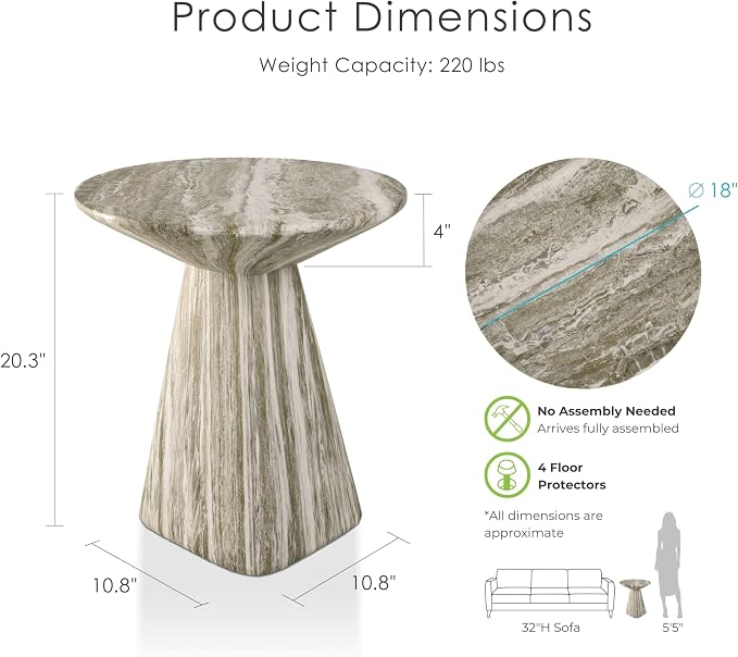 24/7 Shop at Home Ranera Modern 18-inch Natural Stone Side Table with Angular Pedestal Base, Marble Nightstand, Geometric Patio End Table, for Living Room, Covered Outdoor Spaces, Gray Travertine