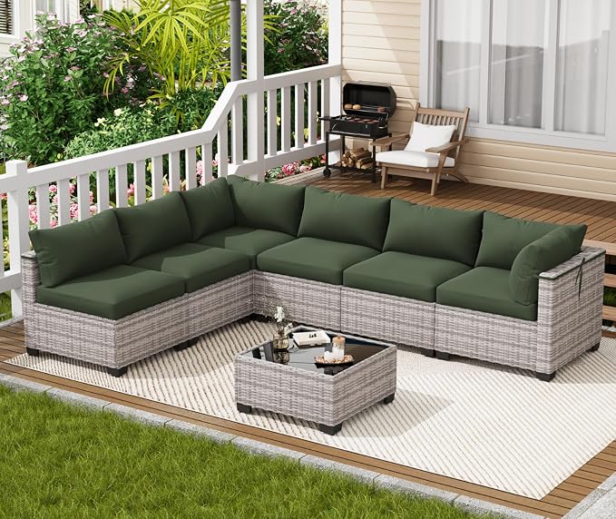 LOUVIXA 7 Piece Outdoor Patio Furniture Set, Outdoor Sectional Sofa, Wicker Rattan Patio Furniture, Patio Conversation Set with Coffee Table & Cushions