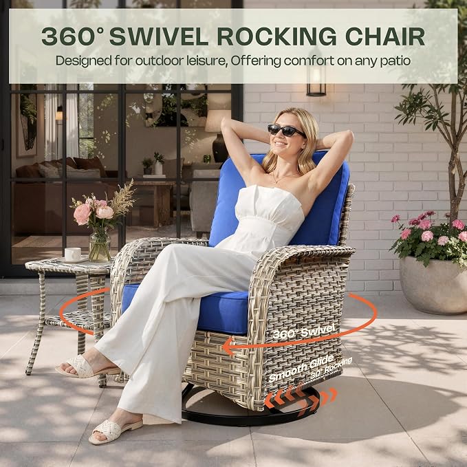10 Pieces Patio Furniture Set, Outdoor Conversation Set with 360° Swivel Rocker Chairs, Wicker Sectional Sofa & Solar Coffee Table, High Back Outdoor Furniture L Shaped Couch for Porch Deck, Navy Blue