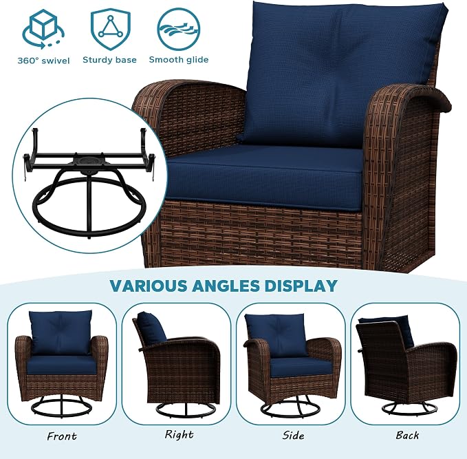 3 Pieces Conversation Furniture Set of Patio Swivel Rocking Chairs and End Table, Wicker Rattan Outdoor Set with Washable Cushions for Backyard, Poolside, Sunroom (Navy Blue)