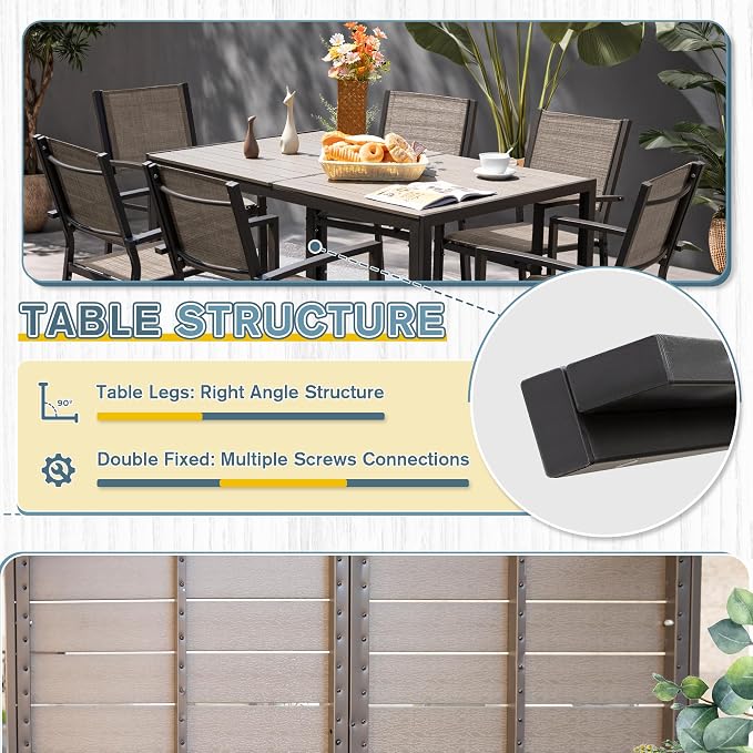 Rankok 35" x 59" Outdoor Dining Table for 6 Rectangular Patio Table with Rust Proof Metal Frame Large Outside Table for Courtyard, Garden, Balcony, Poolside, Lawn