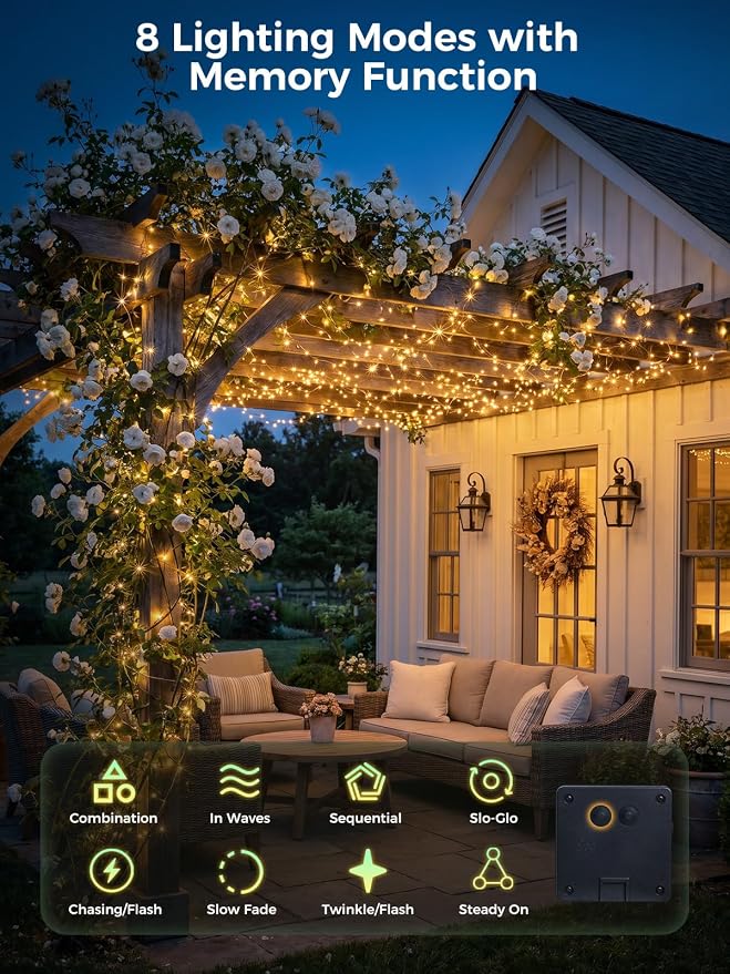 Solar String Lights for Outside,2Pack 66FT 200 LEDs Solar Fairy Lights,Waterproof 8 Modes Button Outdoor String Light for Patio Garden Backyard Tree Wedding Christmas,Copper Wire,Warm White