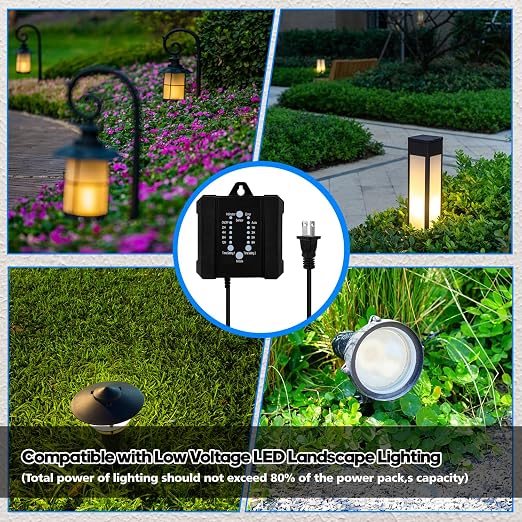 100W Outdoor Low Voltage Transformer with Timer and Photocell Sensor,120V AC to 12V DC Weatherproof for LED Landscape Lighting,Deck Lights,Spotlight, Pathway Light,ETL Listed