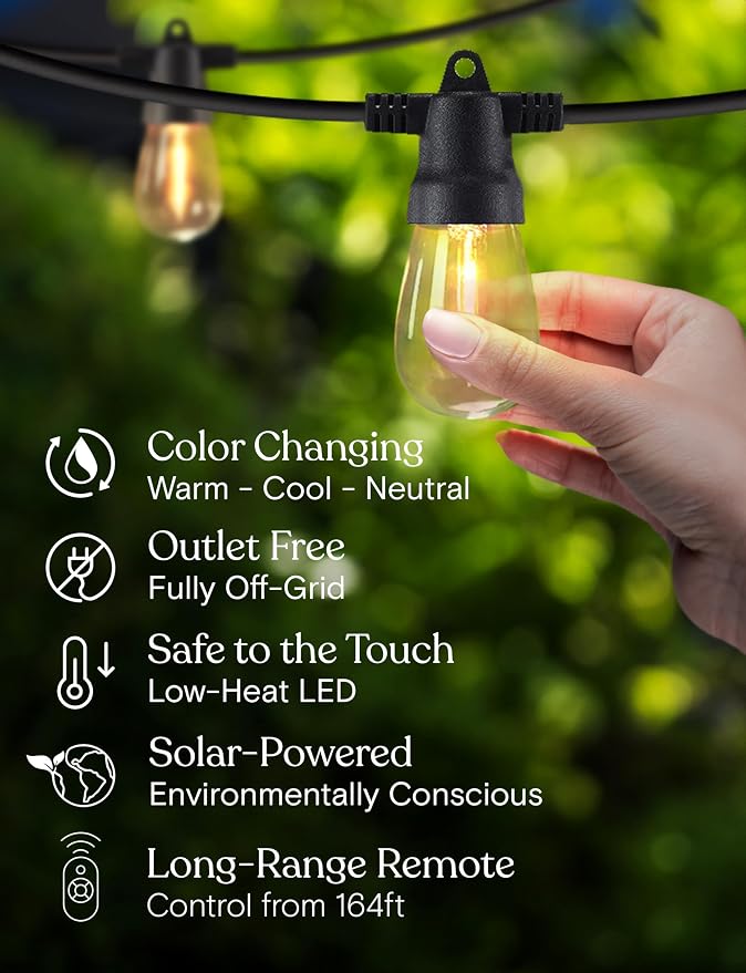 Brightech 48 (42+6) FT Ambience Pro Outdoor Solar String Lights - Bright Remote Control Color Adjustable Solar Light - Commercial Grade, 15 Waterproof LED Bulbs for Patios, Camping, Yard, Outside