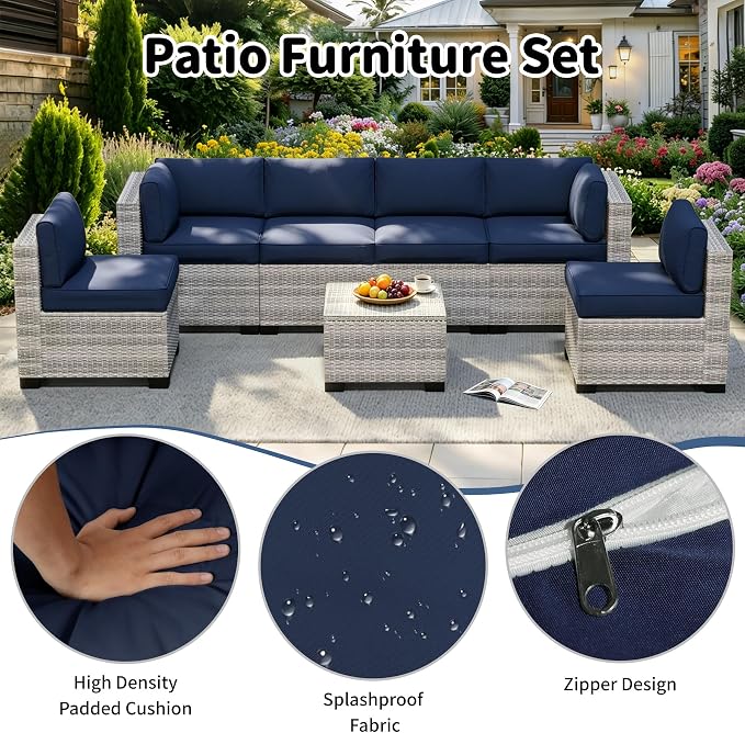 YLGJ&TIDY 7-Piece Outdoor Sectional Patio Furniture Set, All-Weather Wicker Rattan Sofa w/Thick Washable Cushions & Tempered Glass Table, Perfect for Garden, Poolside, Backyard (7, Gray White&Blue)