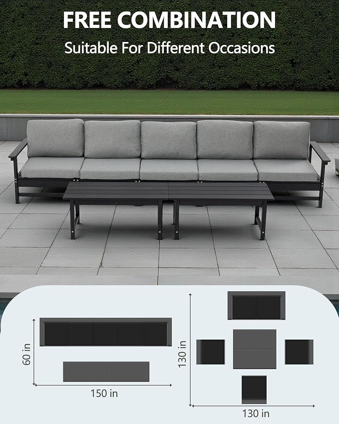 HDPE Outdoor Patio Furniture Set, 7-Piece Sofa Set with 5-Seat Couch 2 Coffee Tables, Weatherproof Conversation Set with Cushions, All-Weather Waterproof, for Garden, Porch & Backyard