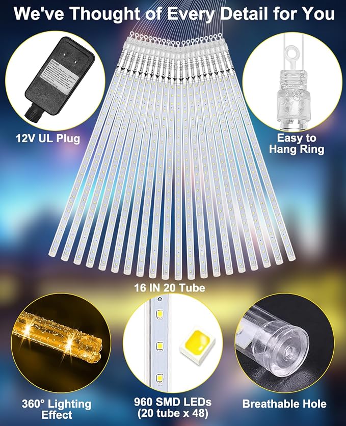 Outdoor Christmas Lights 16 Inch 20 Tubes Meteor Shower, Warm White | Falling Rain Drop Icicle String Lights, Cascading Snow Effect Waterproof Xmas Decor for Tree Wedding Party Garden Holiday