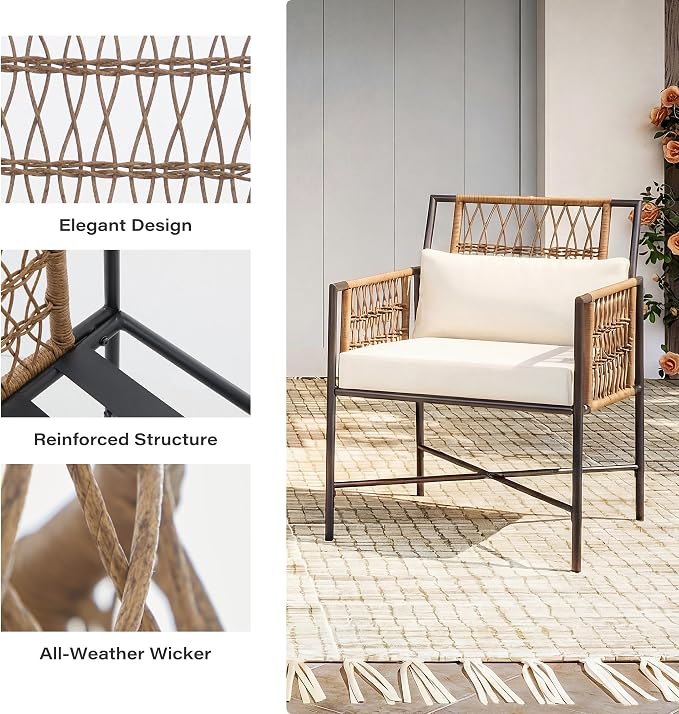 LAUSAINT HOME 3 Piece Patio Furniture Set, Outdoor Wicker Bistro Set with Handwoven PE Rattan Chairs & Round Side Table, Steel Frame Conversation Set for Patio, Balcony, Backyard, Poolside, Beige