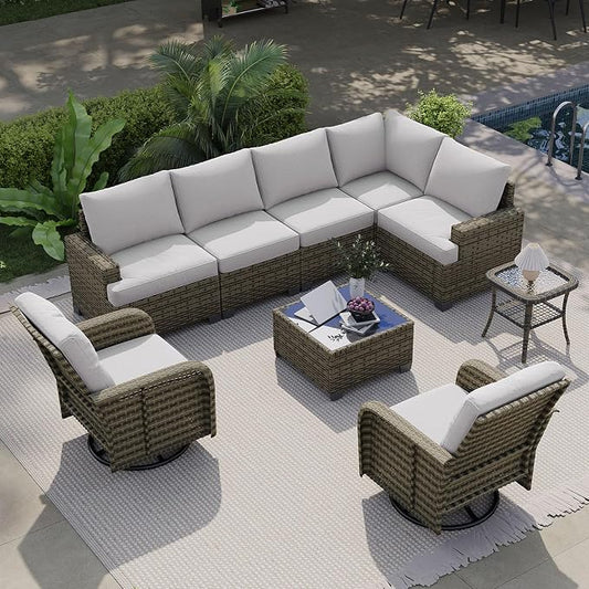 LET'S PATIO Luxury Patio Furniture Set，9 Piece Outdoor Furniture Sectional Set with Swivel Rocker Chairs of 2，All-Weather Patio Sectional Sofas with Thickened Cushions, Grey