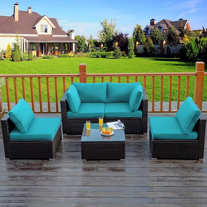 Tangkula 5 Pieces Patio Furniture Set, All Weather Wicker L-Shaped Corner Sofa Set w/Soft Cushions, Outdoor Sectional Conversation Couch Set w/Glass Table for Backyard Garden Poolside (Turquoise)