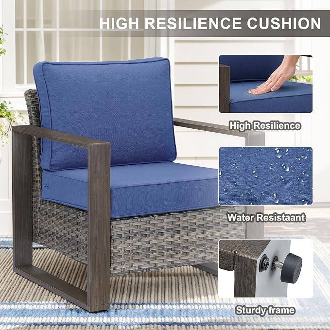 Belord 5 Piece Outdoor Wicker Patio Conversation Furniture Set Deep Seating, Metal Wide Armrests Patio Sofa Set with Rattan Chairs Ottomans for Porch Deck Sunroom Backyard
