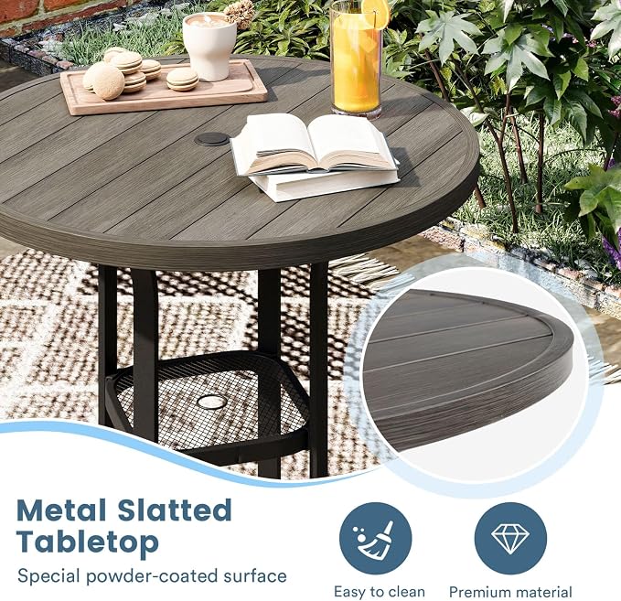 DIFY Patio Bar Height Table, 35.5" Round Outdoor Bistro Table with 1.57" Umbrella Hole for Poolside, Balcony, Pub and Garden, Grey Wood-Like