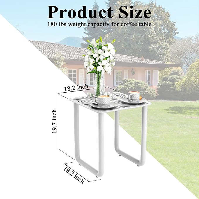18" Aluminum Outdoor Side Table with U-Shaped Legs, Square Patio End Table with Wave Pattern Slatted Top, Rust-Resistant Modern Coffee Table for Balcony and Poolside, White