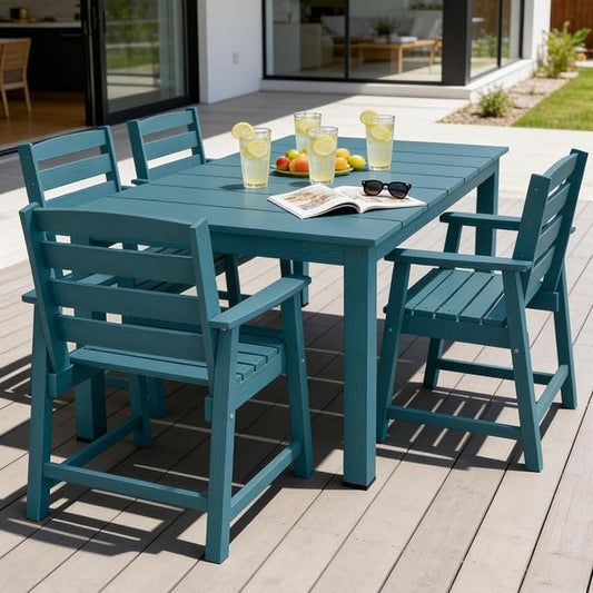 PLUUV 5-Piece Patio Dining Set, Hdpe Outdoor Patio Furniture Set with Aluminum Table Legs & Umbrella Hole, All-Weather Resistant Patio Table Set for Garden, Backyard, 4 Chairs & 1 Table, Navy Blue
