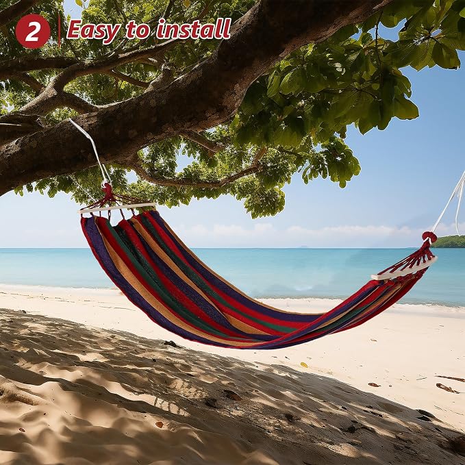 Heavy Duty Single Canvas Hammock 200x80cm with Anti-tip Design for Camping Outdoor Travel, Red Striped Thick Fabric Hanging Bed Suitable for Hiking Backyard and Garden Use