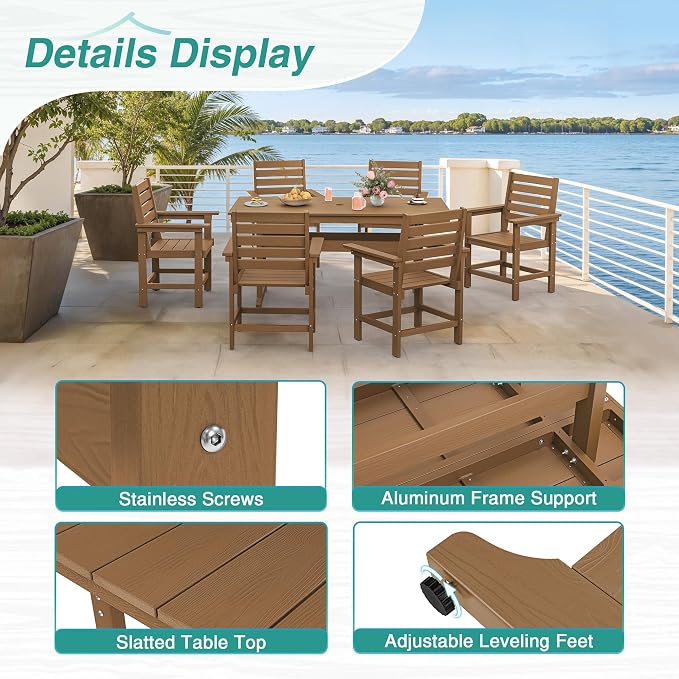 5 Piece Patio Dining Set, 66" Rectangle HDPS Weather Resistant Outdoor Table & 4 Patio Chairs Set with 1.96" Umbrella Hole, Heavy Duty Chairs for Backyard Balcony Deck, Brown